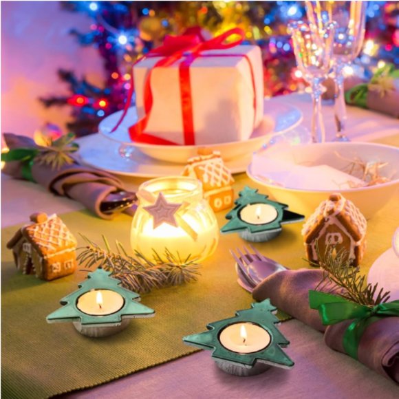 Set of 6 - Green Pine Tree - Mercury Glass Tealight Candle Holders - Picture 4 of 10